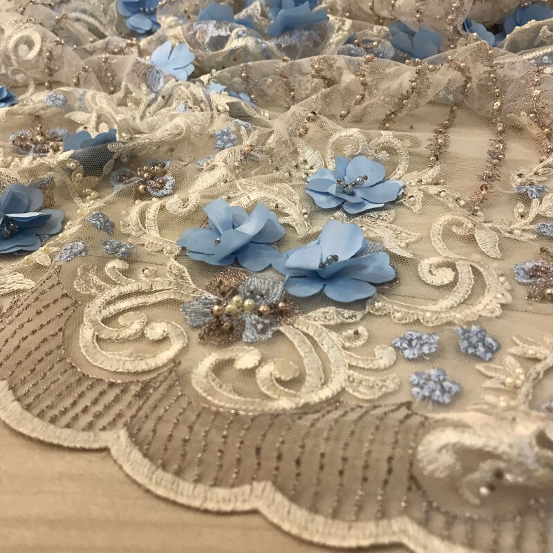 Tule Bordado 3D Azul 